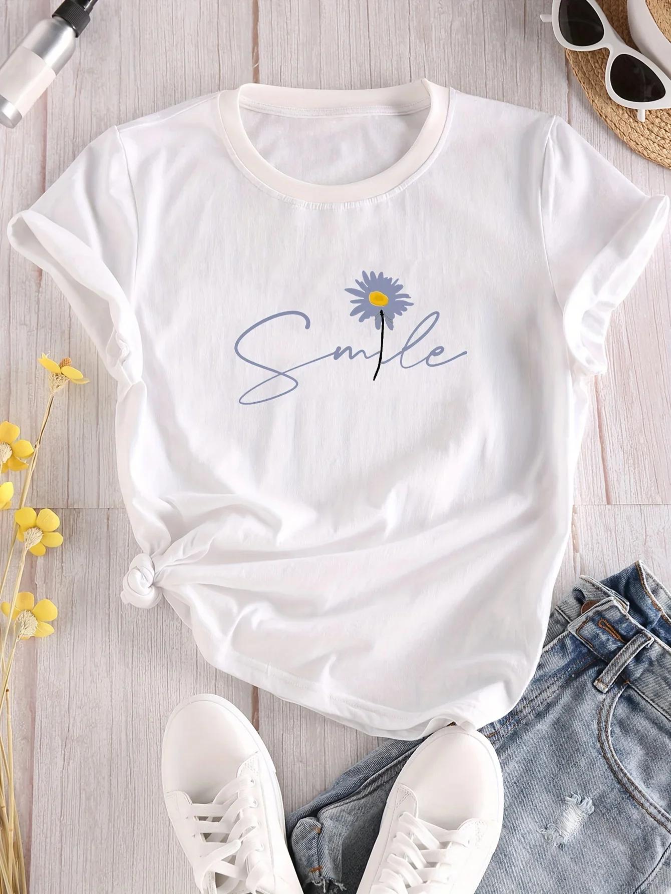 

Flower & Letter Print Crew Neck T-Shirt Casual Short Sleeve T-Shirt for Summer Women s Clothing Comfortable Soft Creative Tops S