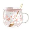 Tazza da caffè in vetro Sakura creativa da 400 ml, carina, trasparente, resistente al calore, tazza d'acqua con manico, coperchio, cucchiaino