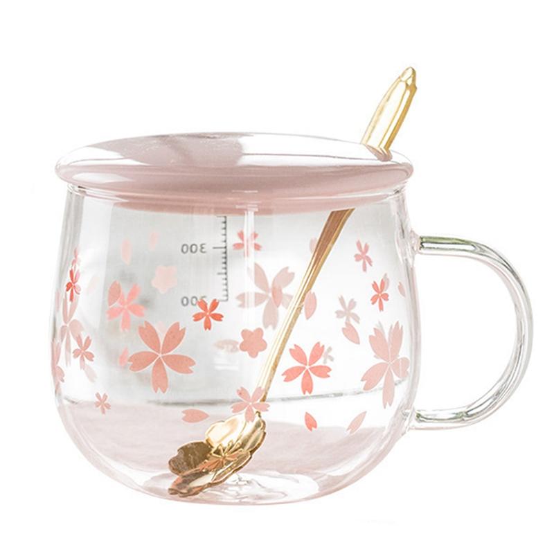Tazza da caffè in vetro Sakura creativa da 400 ml, carina, trasparente, resistente al calore, tazza d'acqua con manico, coperchio, cucchiaino