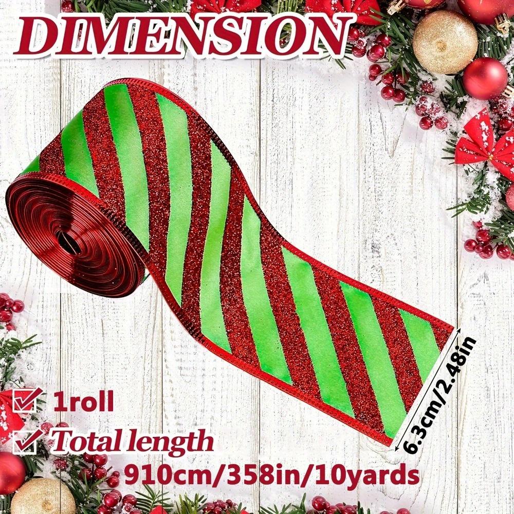 1pc Christmas Wired Edge Ribbon Green with Red Glitter Stripes Classic Craft Ribbon for Holiday Decor Christmas Tree Bows Wreaths Gift Wrapping
