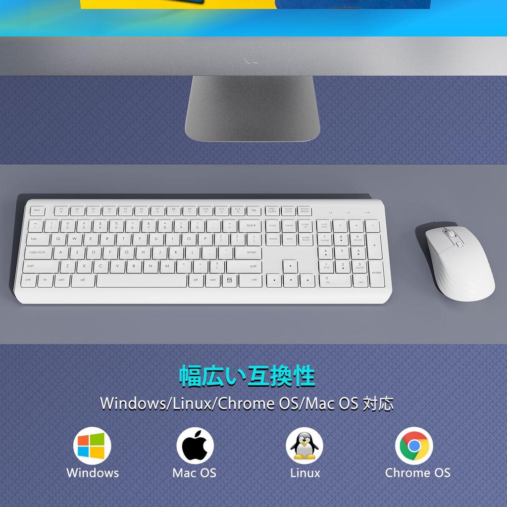 HUO JI Wireless Keyboard and Mouse Set, English Layout, Full-Size, Quiet Design, 2.4GHz Wireless, Thin, Ergonomic, Long-Lasting Use, Compatible with