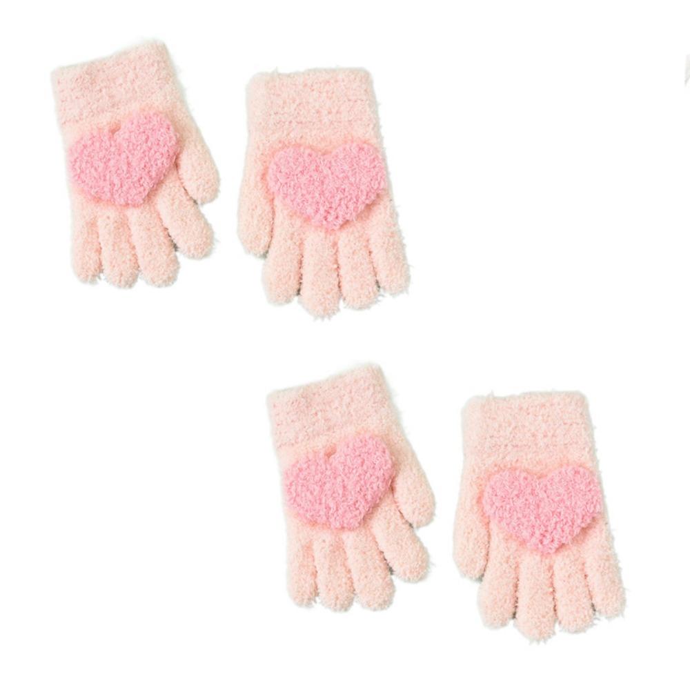 2Pairs Cute Children's Warm Gloves Heart Shaped Solid Plush Gloves  for Kids Toddler