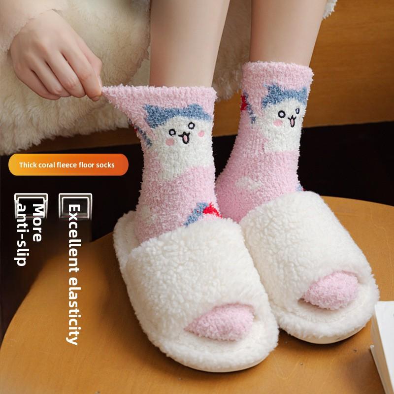 Winter and Autumn Thick Sleeping Coral Fleece Socks for Women, Postpartum Floor Mid-calf Socks with Cartoon Embroidery