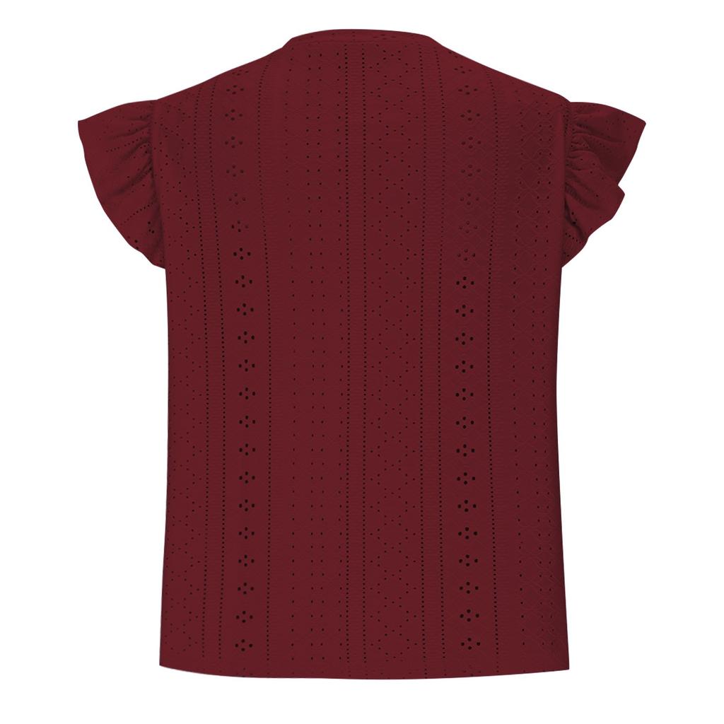Women Summer  Top Eyelet Vacation Short Sleeve O Neck Loose Fit Shirt Spring Fashion Casual Clothes