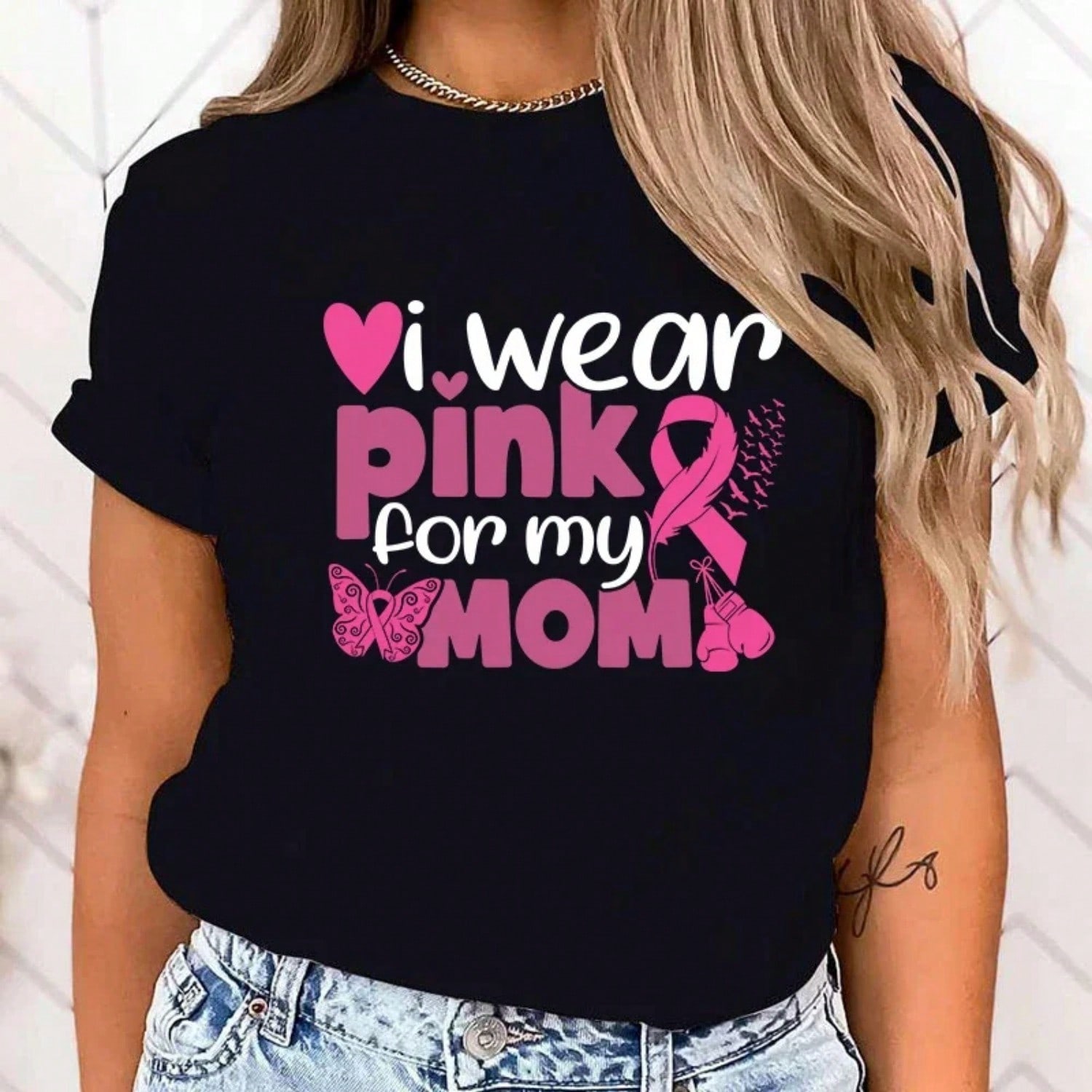 (High Quality T Shirt)Breast Cancer Awareness I Wear Pink For My Mom Letter Printed unisex T-Shirts Breast Cancer Awareness Tops S разноцветный