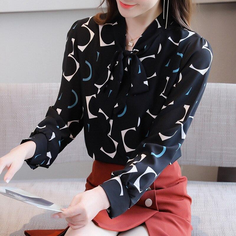 M-4XL Women Spring Summer Style Chiffon Blouses Shirts Lady Casual Long Sleeves Bow Tie Collar Printed Blouses Tops