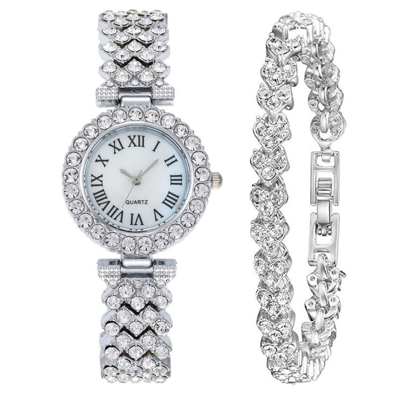 Trendy Unisex Populární Diamantové Dámské Hodinky Dámské Dvouvrstvé Diamantové Dámské Vysoce Kvalitní Luxusní Quartzové Hodinky Římský Vzor Náramek Módní 2KS