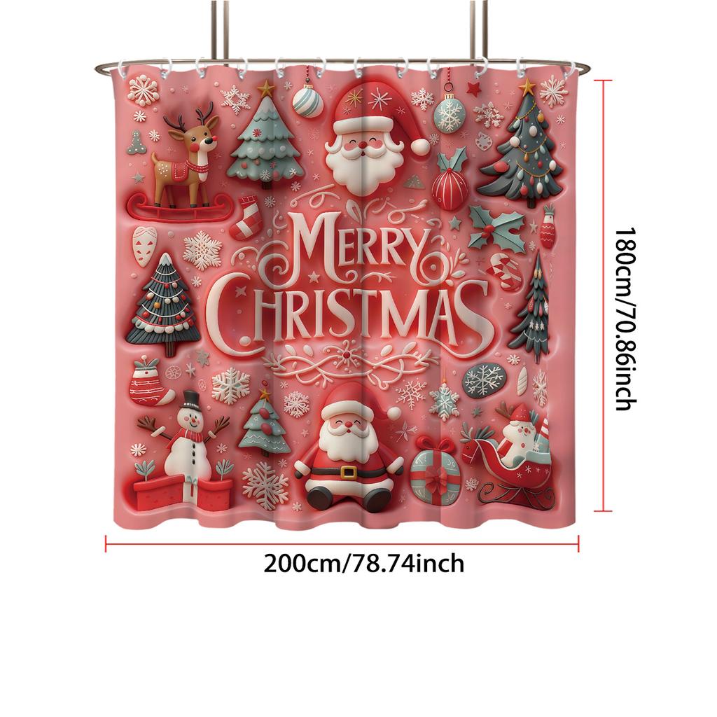 1Pc Imitation Relief Pink Santa Claus Print Waterproof Shower Curtain Partition Privacy Hanging Curtain 12 Hooks Multiple Sizes