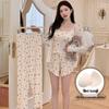 Four-Piece Women's Modal Pajama Set: Bra Camisole, Shorts, Long-Sleeved Top, Long Pants with Cute Cartoon Design.