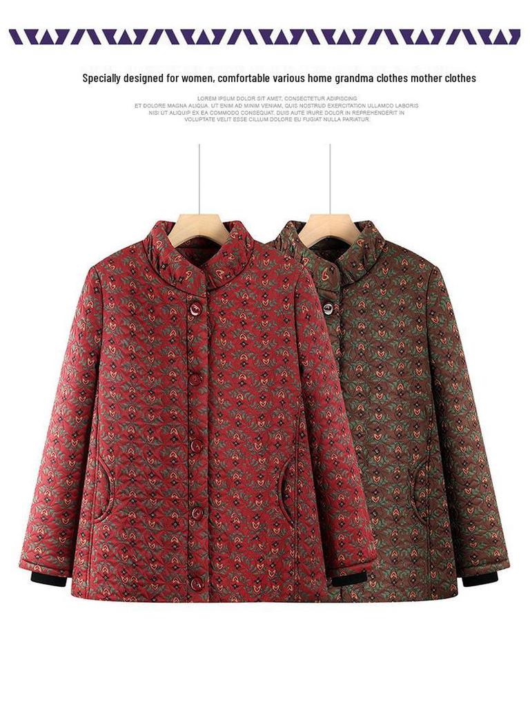 Floral Velvet-Lined Winter Coat for Elderly Women - Warm Cotton Jacket with Stand Collar
