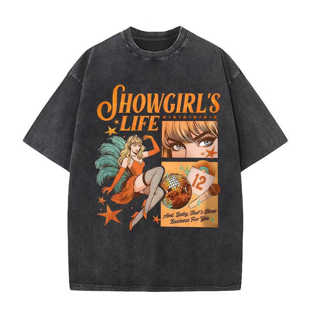 The Life of A Showgirl Album Merch Tshirts Fan Gifts Mens Women Clothing Vintage Washed Cotton Oversized Short Sleeve T Shirts