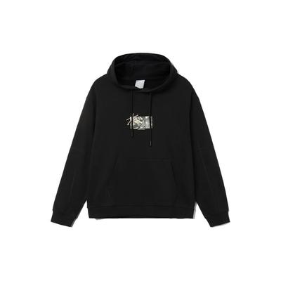 Li Ning Sports Trend Series Logo Embroidered Round Print Loose Hoodie Unisex Hoodies Black AWDR471-3