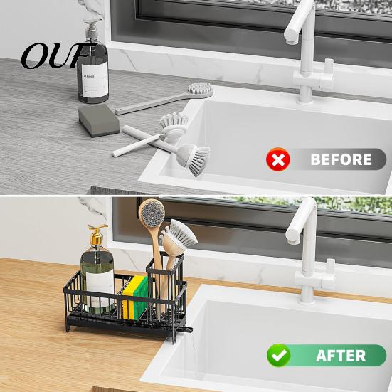 Drainage Rack for Kitchen Sink Caddy Organizer with Drain Tray, Durable Carbon Steel Sponge Holder, Detachable Space Saving Dishwashing Brushes