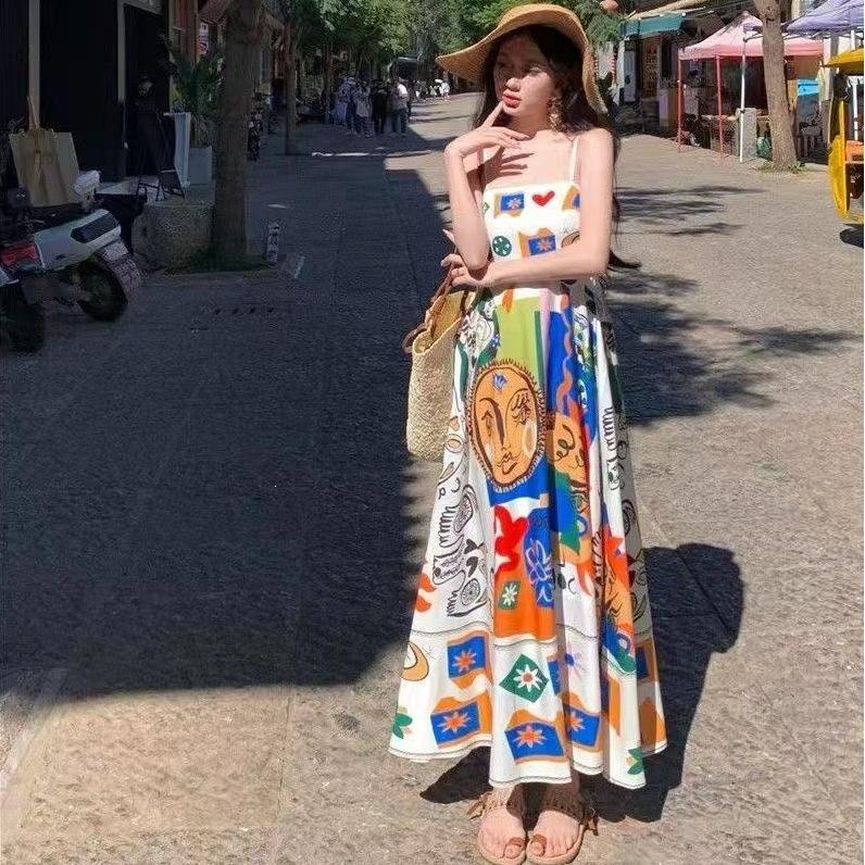 American retro ethnic style oil painting graffiti printing suspender sleeveless dress summer new style long dress women