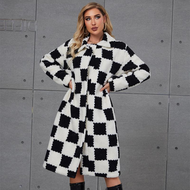 2025 New Faux Fur Coat Women's Mid To Long Black and White Checkered Women's Coat