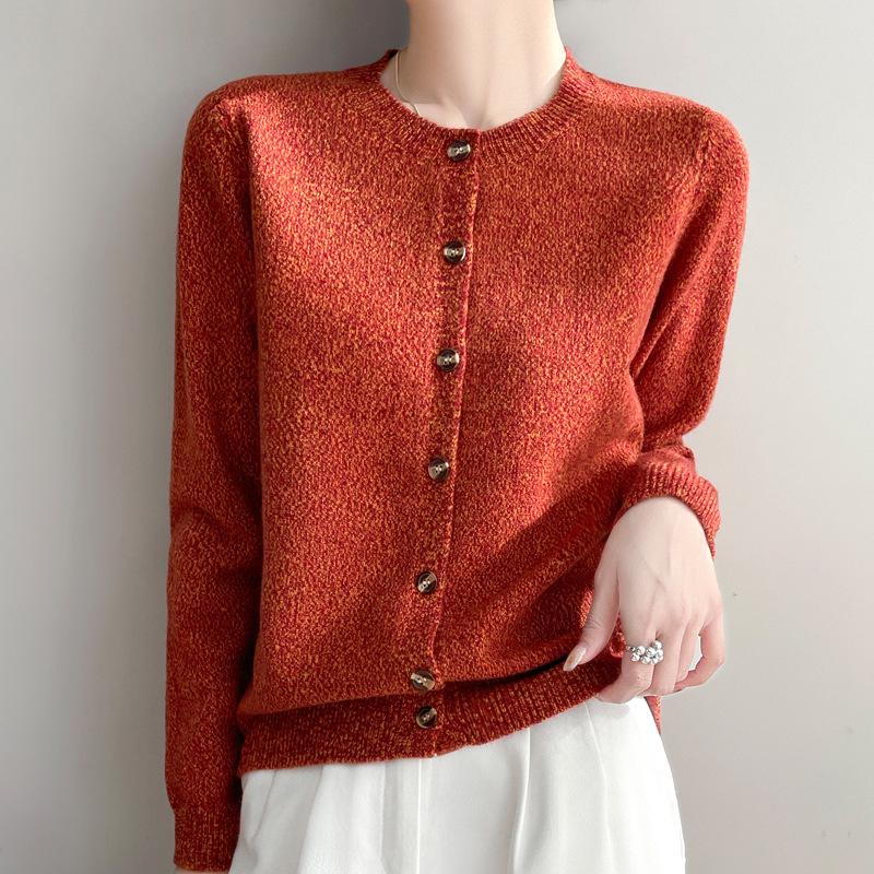 Spring 2025 Retro Velvet Round Neck Knit Cardigan - Space-Dyed Loose Fit for Women