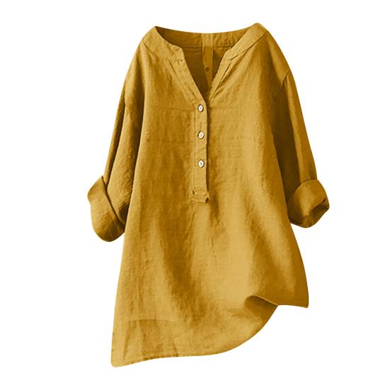 Női alkalmi ing, félig zárt, hosszú, színes bő ujjú blúz, tömör V-nyakú gombok, illeszkedő tunika felsők