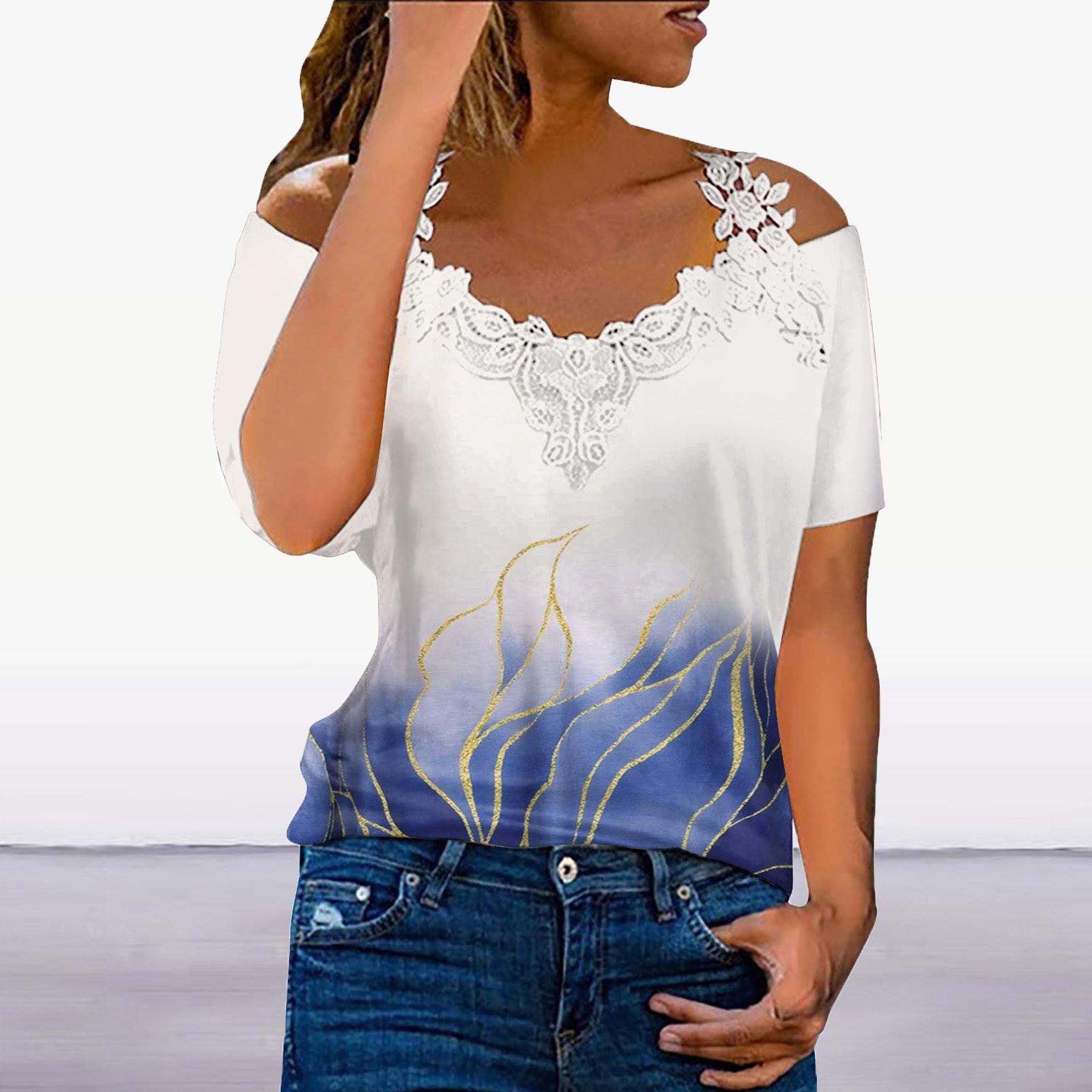 

Женские кружевные лоскутные топы с v-образным вырезом, футболка с короткими рукавами, футболка с принтом, туника, топ XL