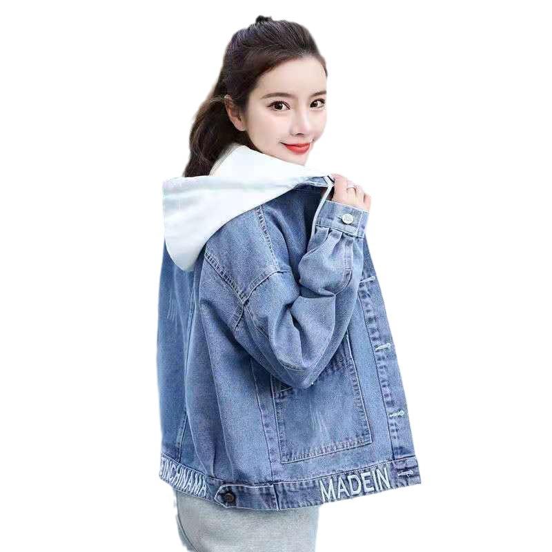 Džínový kabát Dámské Ins Super jaro a podzim Nová korejská verze Volný střih Studentská Výšivka s kapucí Krátký styl Malý muž