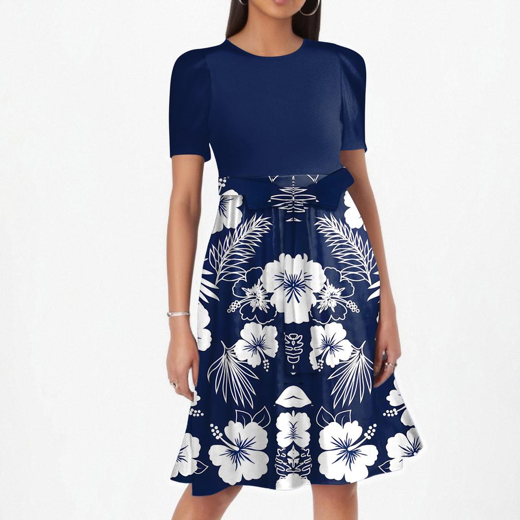 Women's Fashionable Casual Belt Short Sleeved Round Neck Printed Patchwork Dress