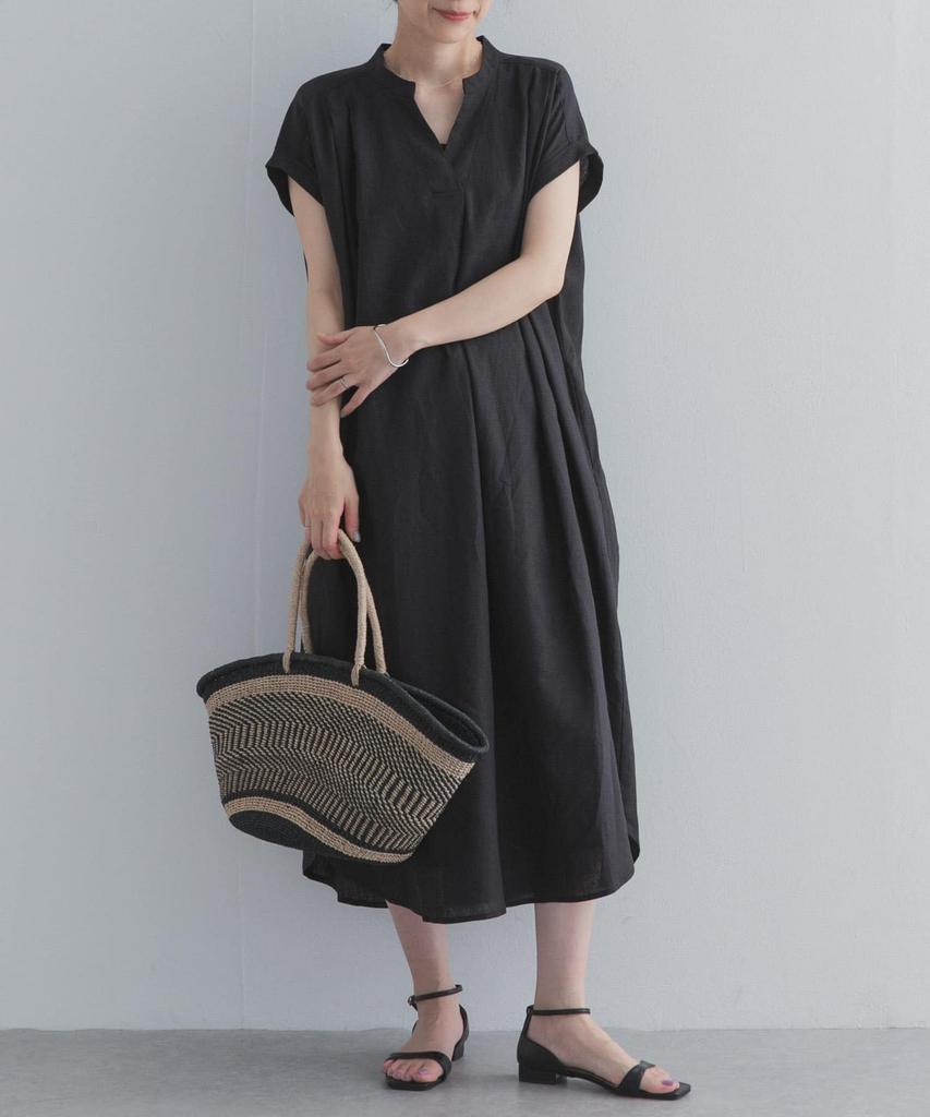 Research Linen Rayon Skipper French Free Size [Urban Doors] Dress, Women's DR26230-2061506, Black,
