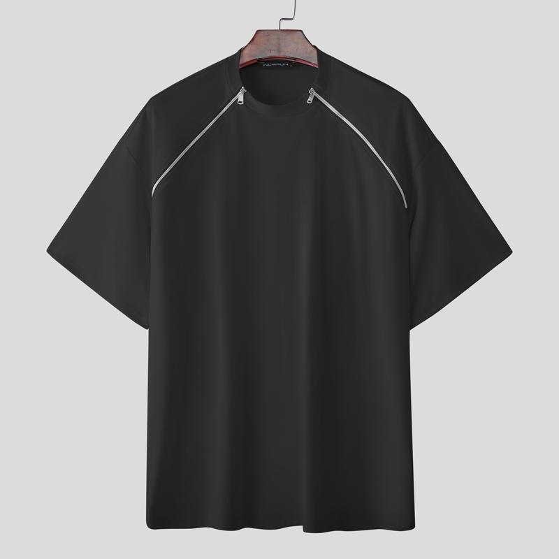 

INCERUN Summer Oversized Men Short Sleeve Side Zip-up Casual Loose T-shirts чорний