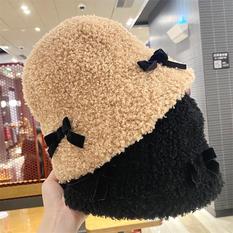 Chapeau de pêcheur en peluche avec nœud pour enfants automne et hiver voyage chaud visage chapeau bob nouveau