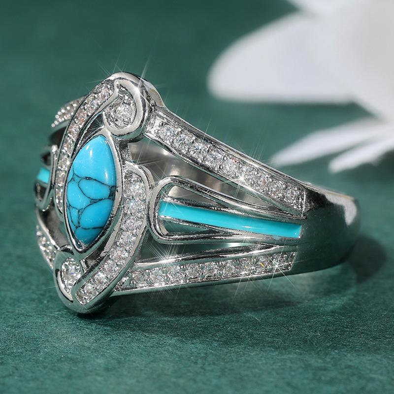Ethnic CopperColor Inlaid White CZ Imitation Turquoise Women's Ring Geometry Daily Wear Party Jewelry