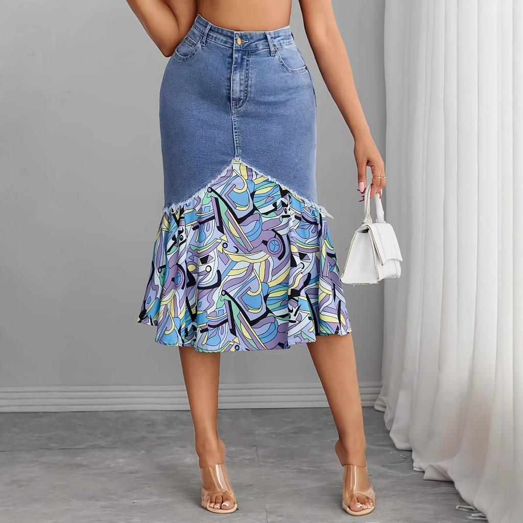 Women's Denim Mermaid Skirt with Colorful Print Hem Frayed Asymmetrical Bottom