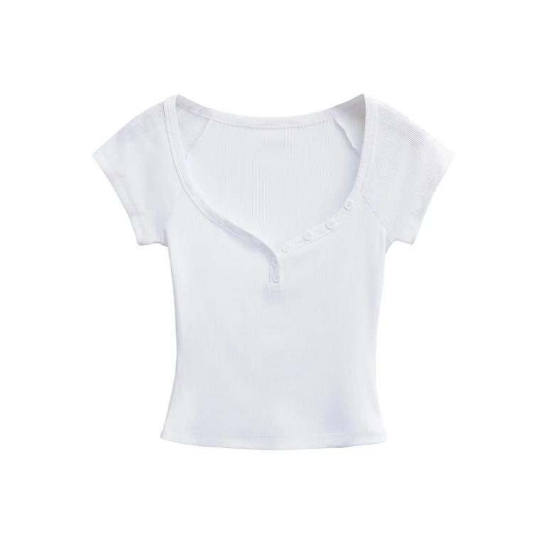 Summer New Female Spice Girls Solid Color V-neck Short-sleeved T-shirt Pure Desire Wind Slim Waist Elastic Tight Short Top