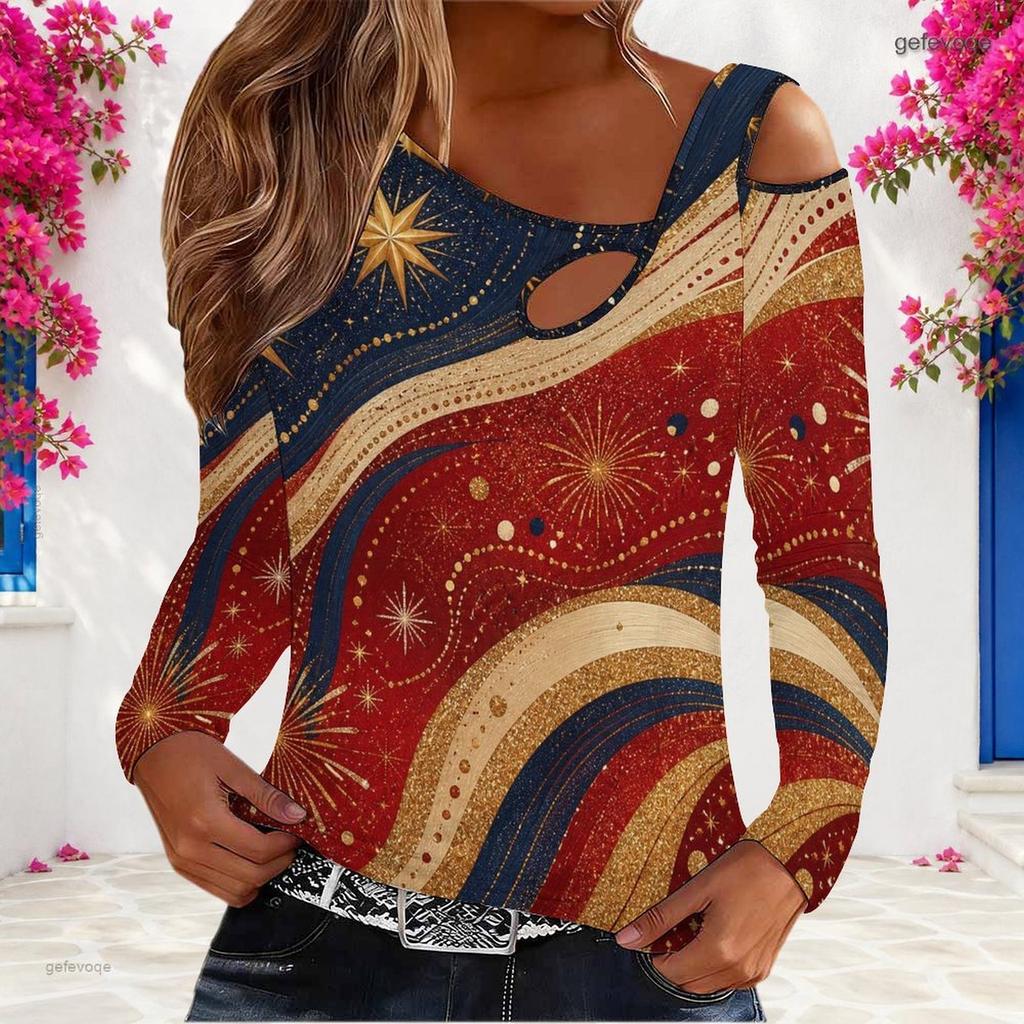 Women s Plus Size Asymmetric Cutout Neck Cold Shoulder Long Sleeve Star Printed White Top
