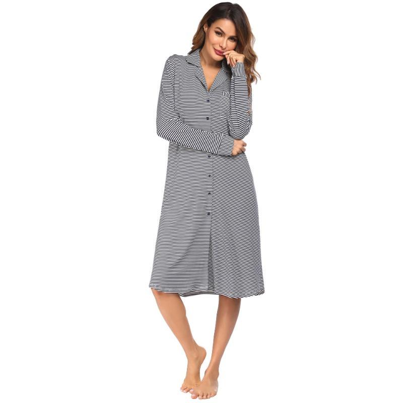 YYFS Women's Fashion Spring Fall Stripe Print Long Sleeve POLO Neck Loose Waistline Casual Dresses