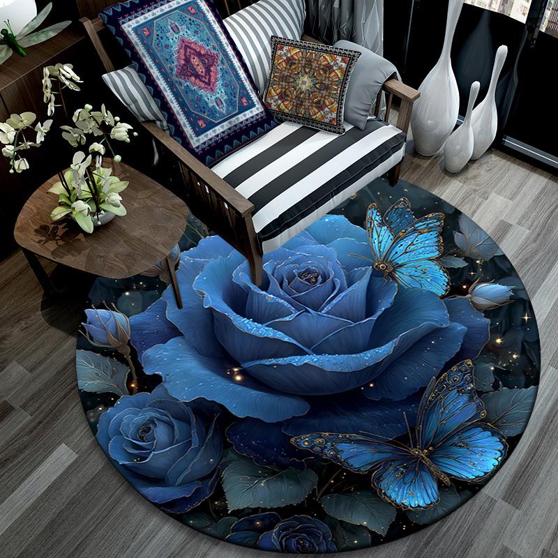 Blue Roses Round Area Rug,Carpet Rug for Living Room Bedroom Sofa Playroom Decor,Non-slip Floor Mat