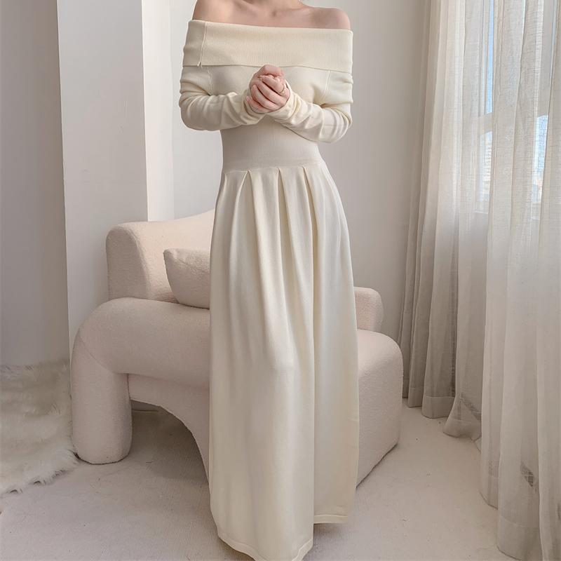 Koreanisches Strickkleid mit Carmen-Ausschnitt für Damen, Herbst, neu, Patchwork, langärmelig, Mode, einfarbig, Party-Langkleid, Winter