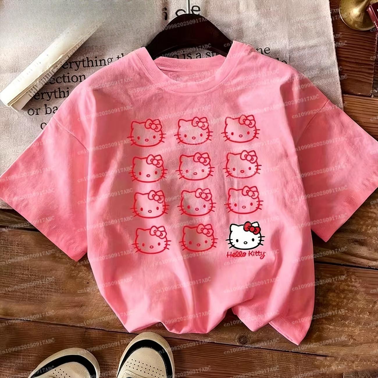 

2026 Hello Kitty Tshirt Cotton Y2K Unisex Tshirt Loose Casual Versatile Unisex Comfortable summer Womens loosefitting Tshirt S