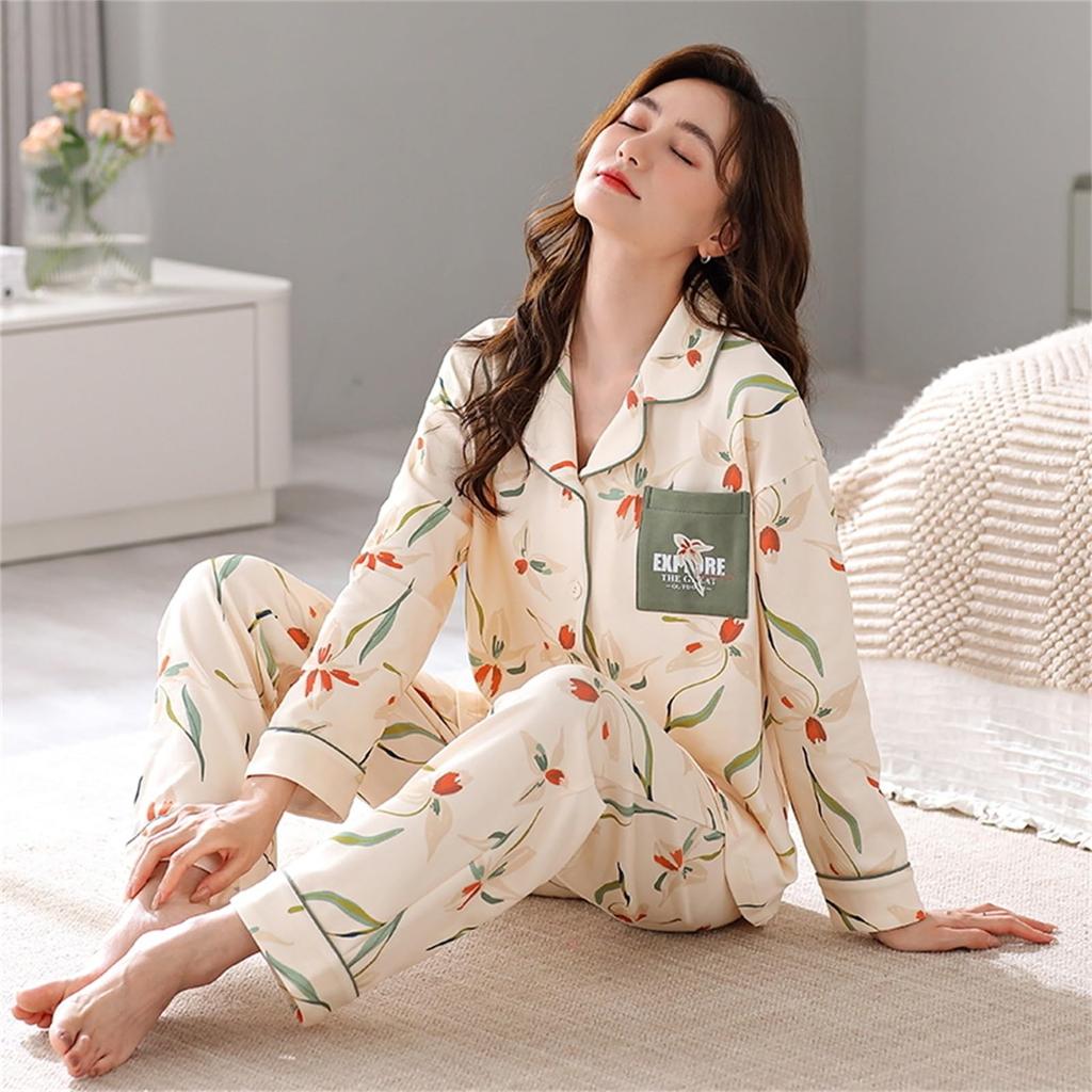 Kyonuza Cute Long Comfortable Relaxed School Size Women's Pajamas, 100% Cotton, Padded, Skin-Friendly, Open-Front, Loungewear, Spring/Autumn, Sleeves,