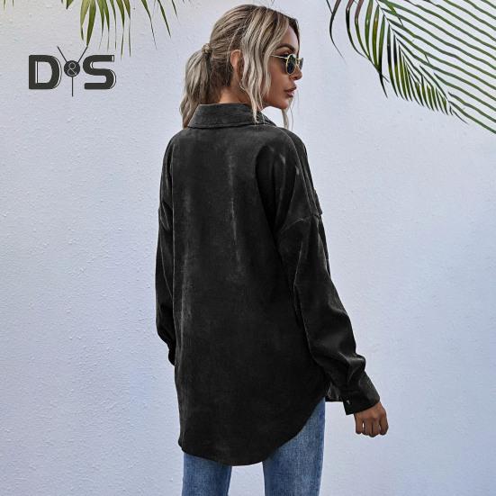 Spring Fall Coat with Chest Pockets Button-down Turn-down Collar Solid Color Corduroy Jacket Loose Casual Outerwear for Travel Work