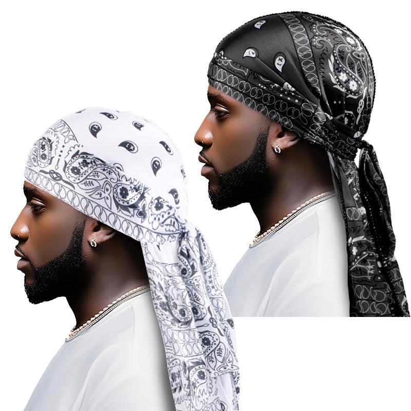 

2PCS/LOT New Amoeba printed silk pirate hat Men Long Tail Pirate Cap Waves Strap Strap Baotou Release Hat unisex One Size