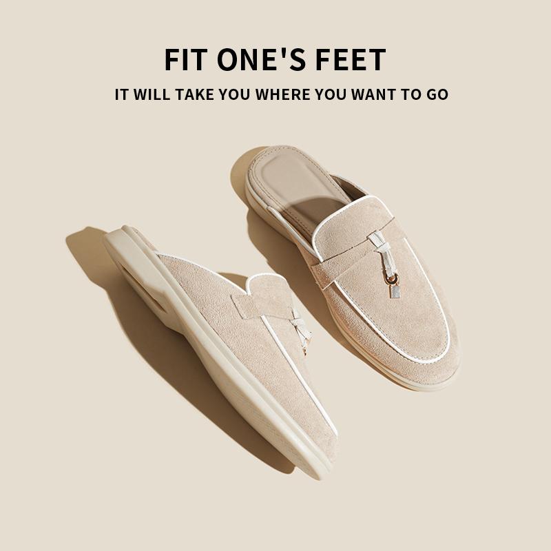 Women Summer Casual Leather Mules Round Toe Flat Slip On Loafers With Front Pendant Decoration 36