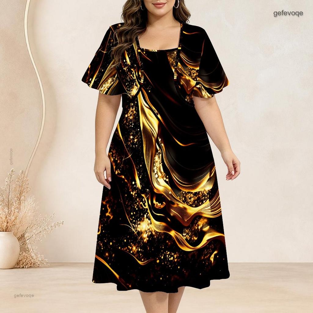 Women Plus Size Black Printed Two Piece Set Batwing Sleeve Cropped Shrug Strappy Flared Dress