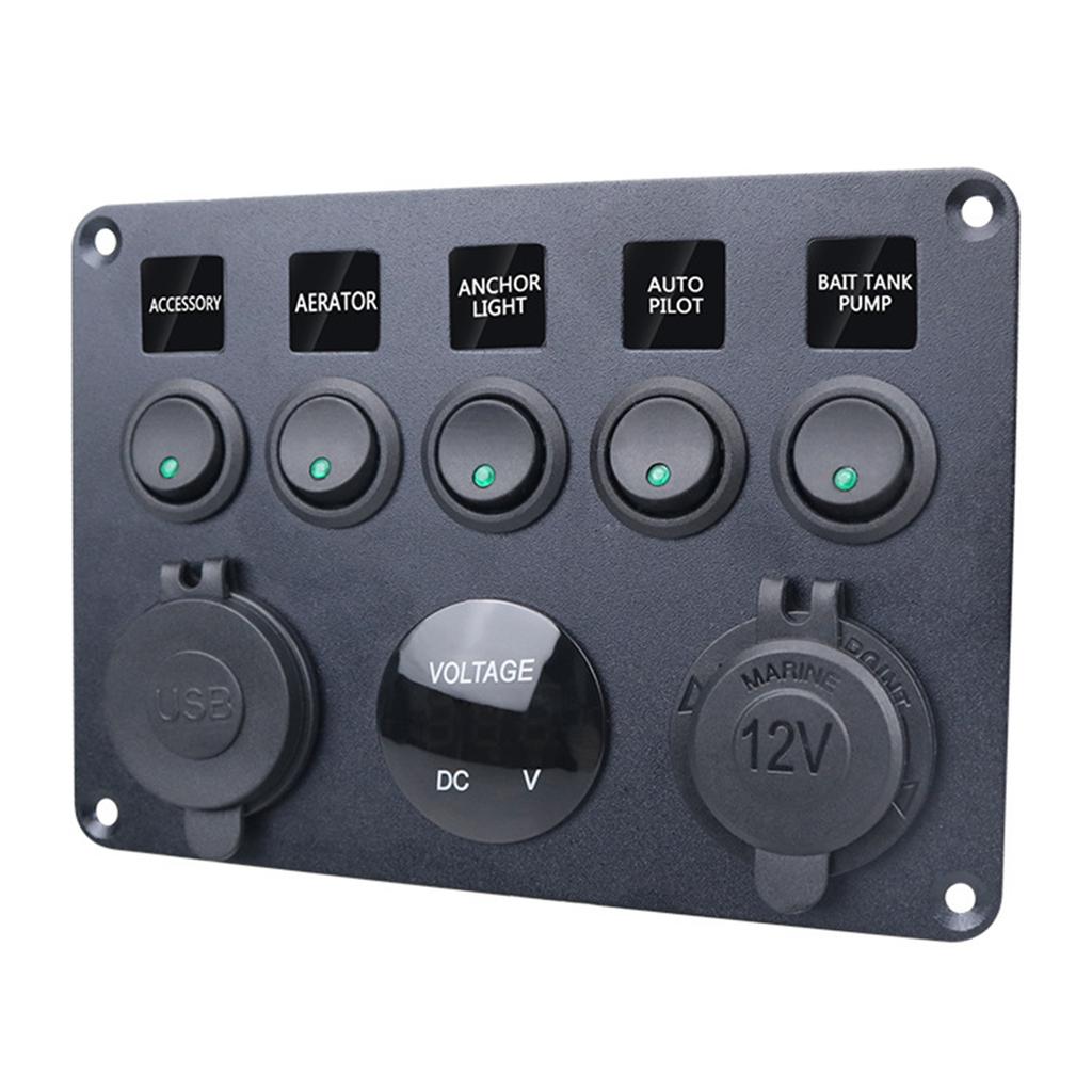 Waterproof Marine Boat Rocker Switch Panel 5 Gang with Twin USB Slot Socket 2.1A + Voltmeter for Car RVs Vehicle