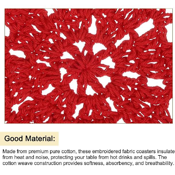 Uxcell Fabric Coasters, 4pcs 4" - Cotton Woven Crochet Doilies, Lace Embroidery Cup Mat with Floral Pattern for Wedding Party Decoration (Red)