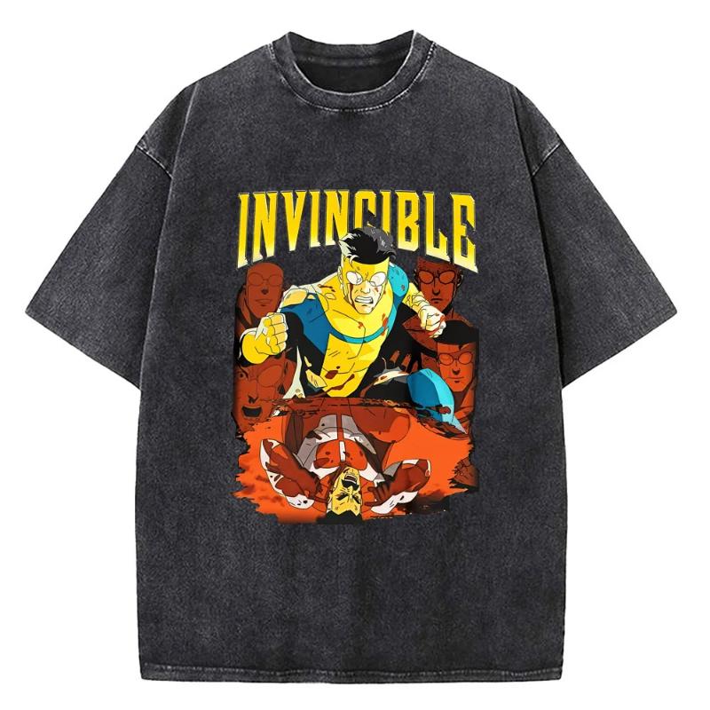 Vintage Washed Invincible Cartoon Shirt Harajuku Style for Men Women Pure High Quality Cotton T-Shirts Tee Clothing