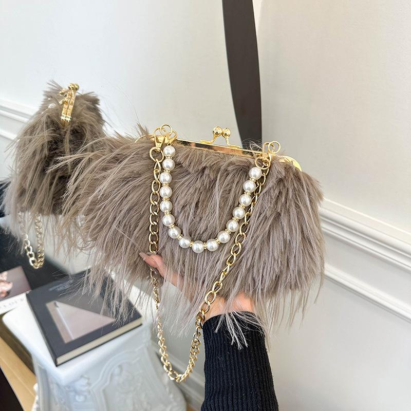 

Hot Sale Retro Large Capacity Plush Women s Bag Pearl Chain Bag Small Square Bag One Shoulder Crossbody светло-коричневого