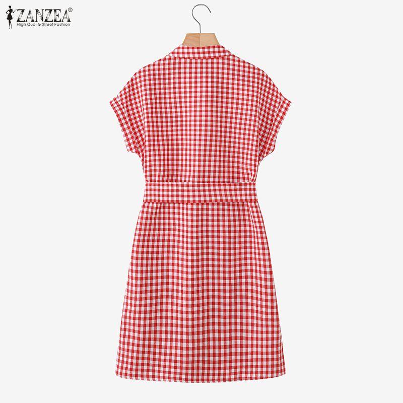 ZANZEA Women Casual V-Neck Short Sleeve Plaid Print Dress