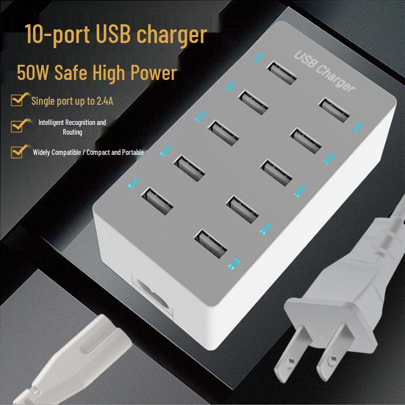50W Multi-Port Power Strip: 10 USB Charger for Mobile Phones with US, EU, and UK Plugs