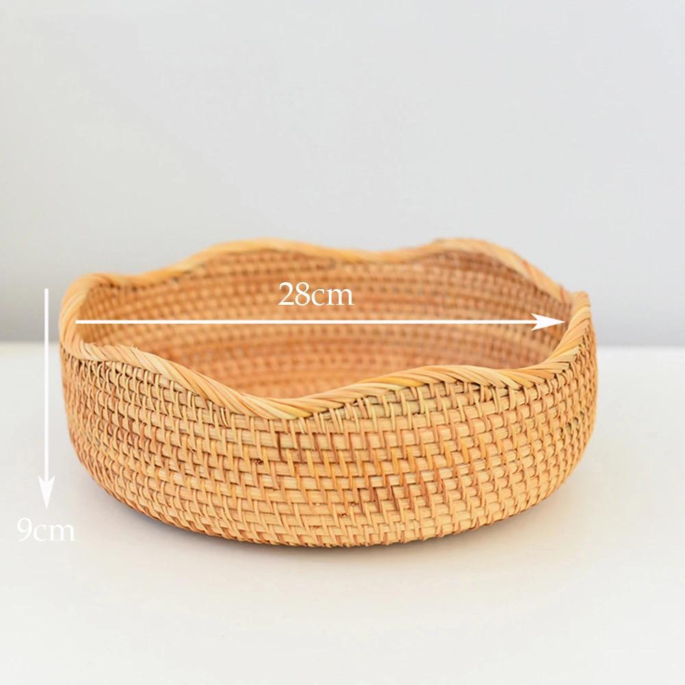 Rattan Woven Wicker Storage Tray Fruits Bread Baskets Handmade Crafts Tableware for Kitchen Countertop Decor Round Organizer