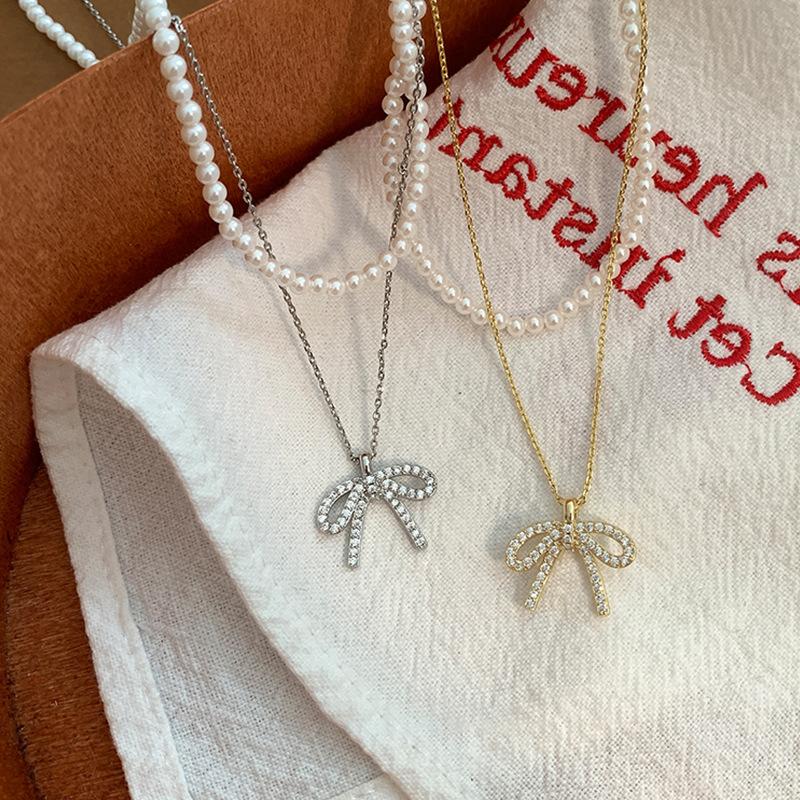 Bow Pearl Double-Layer Stacked Necklace Women'S Light Luxury Retro Elegant Fashion Exquisite Versatile Neck Chain Collarbone Chain