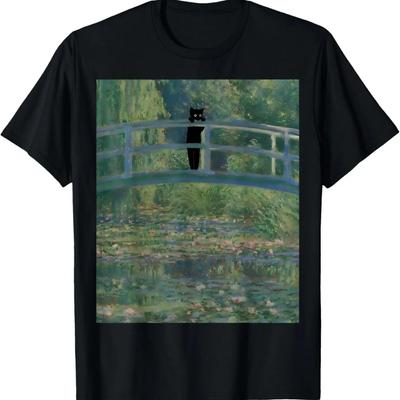 T-shirt Chat monets bassin d'eau Nénuphars Pont