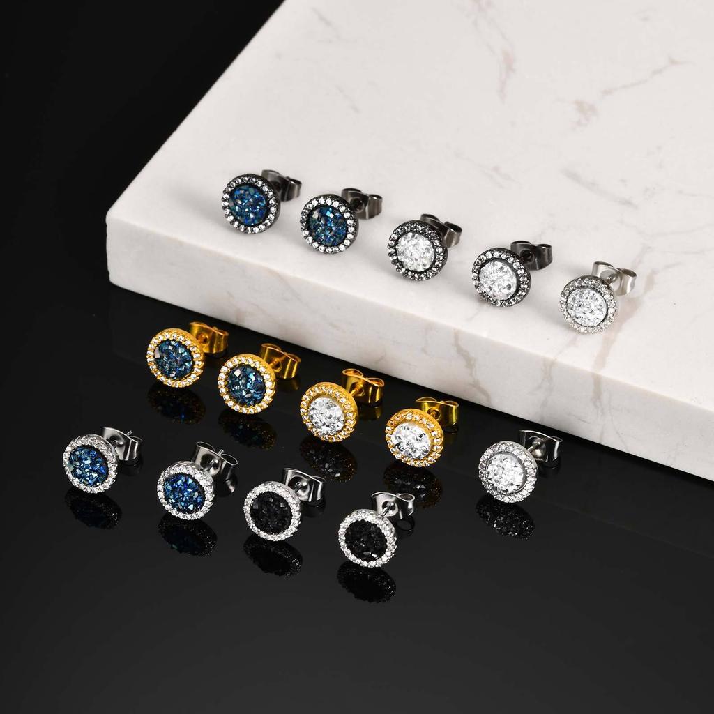 Vnox Round Stud Earrings for Men Women, 9mm Blue/White Zircon Copper Earrings with Butterfly Backs, Punk Hiphop Jewelry Gifts